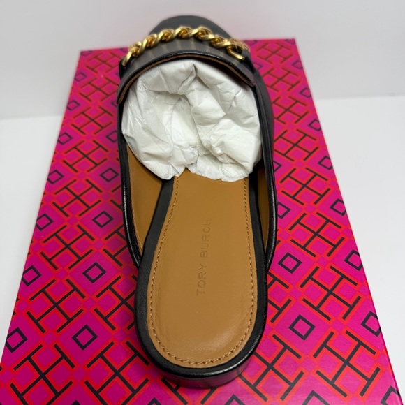 NEW TORY BURCH MINI BENTON LEATHER LOAFER SLIDE IN BLACK WITH GOLD ACCENT SIZE 8 - Picture 4 of 10